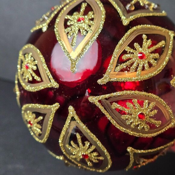 Frontgate Burgundy Gold Glass Ornament Jeweled Starburst Design Large 4" - Picture 5 of 7